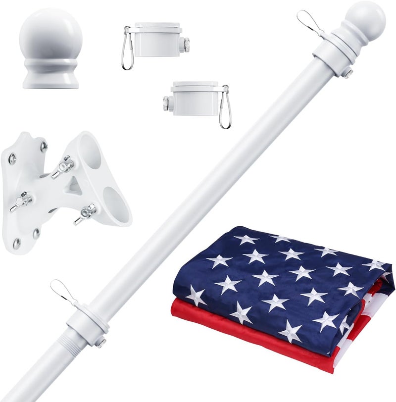 PHITRIC Flag Pole Kit with 3x5 American Flag for House Outside, Stainless Steel Rustproof Flagpole for 3x5 Sports Fan Outdoor Flags for Outside House (White) - Image 1
